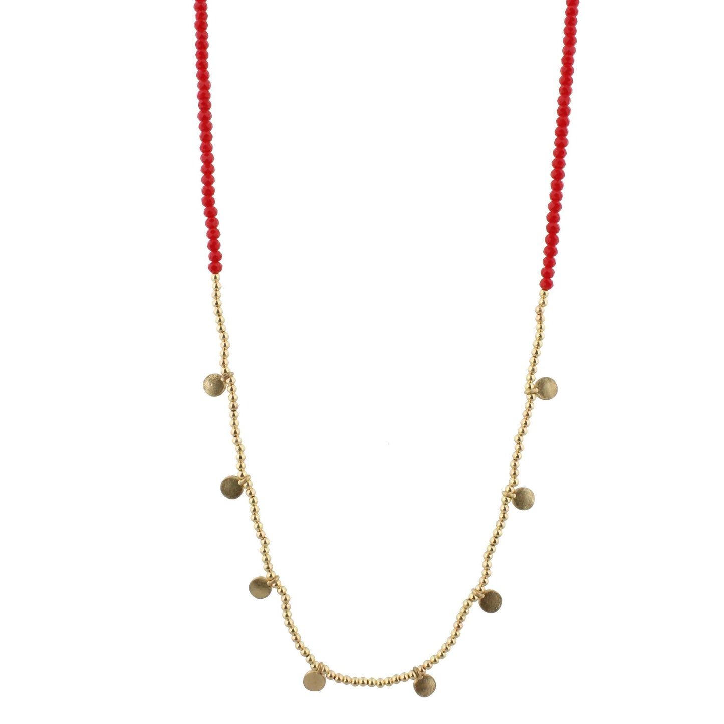 32" Red Beaded Necklace with Gold Bead and Gold Disks, 3" Ext