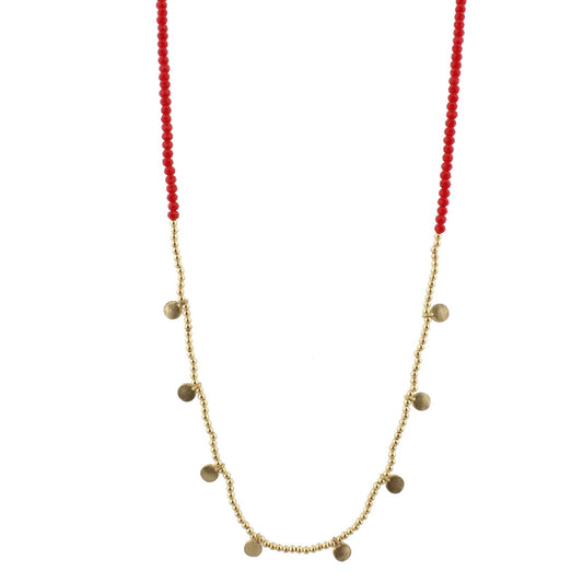 32" Red Beaded Necklace with Gold Bead and Gold Disks, 3" Ext