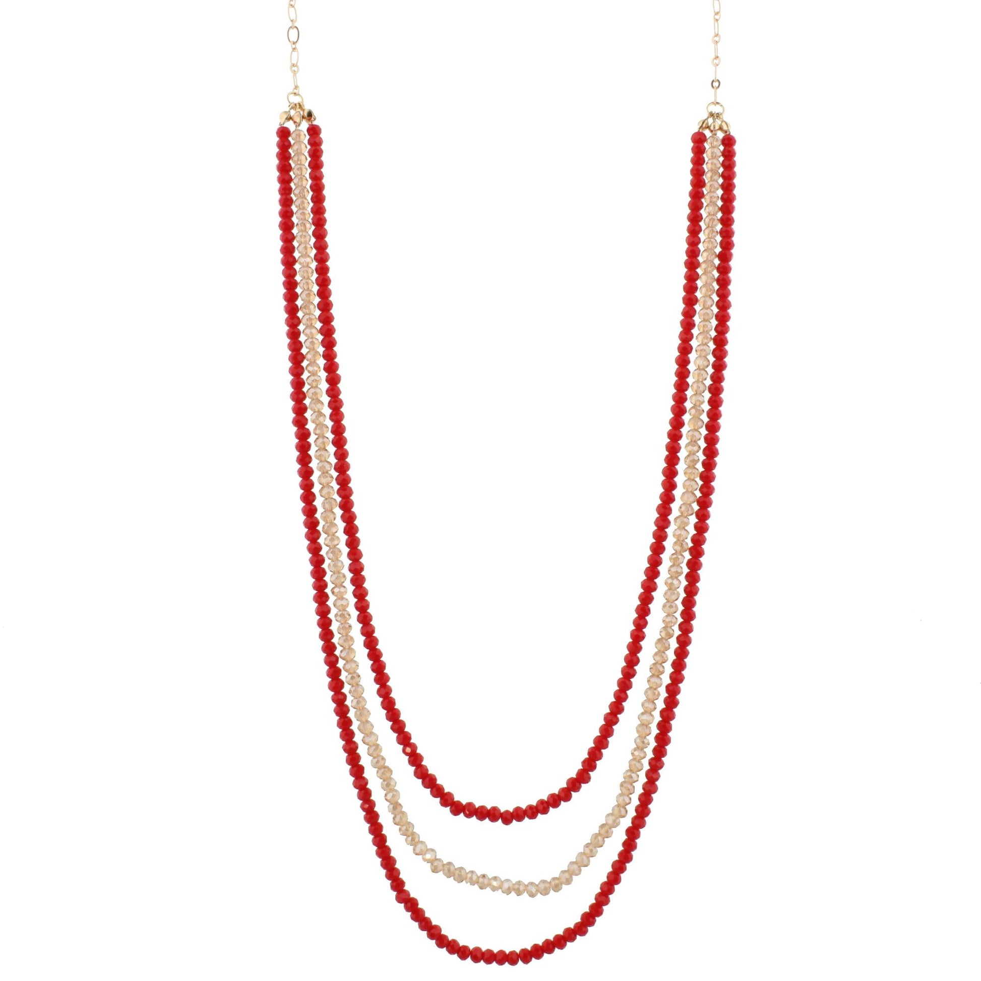 36" Red Multi Layer Beaded Necklace , 3" Ext