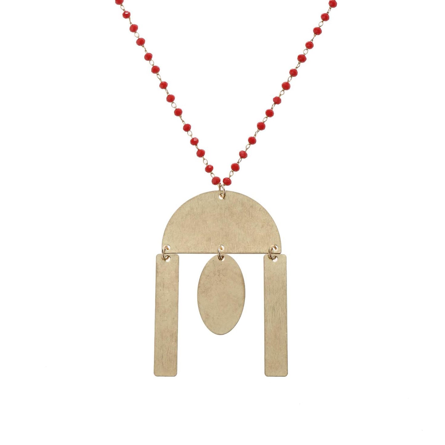 32" Delicate Red Linked Necklace with Gold Semi Circle with Multi Shape Dangles, 3" Ext