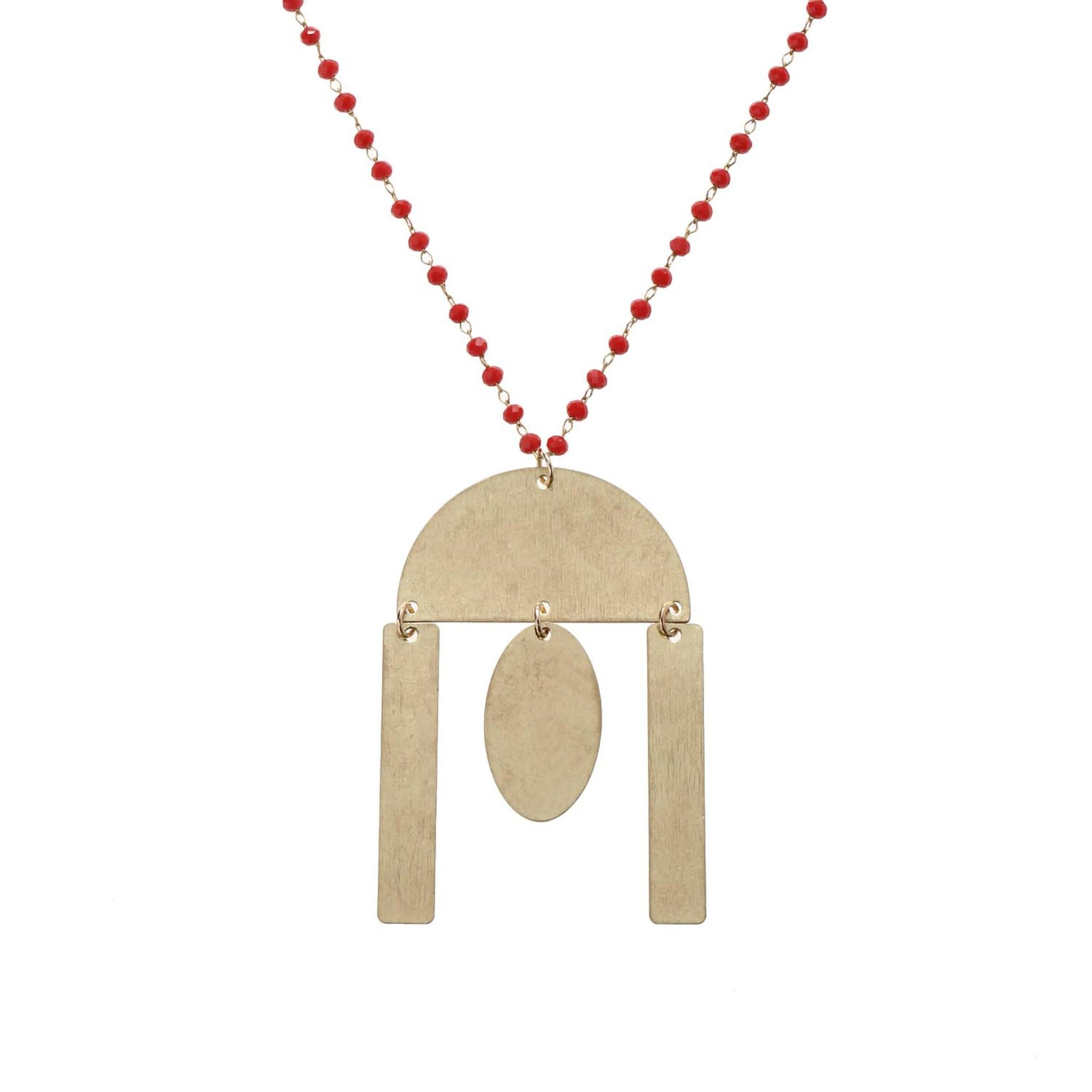 32" Delicate Red Linked Necklace with Gold Semi Circle with Multi Shape Dangles, 3" Ext