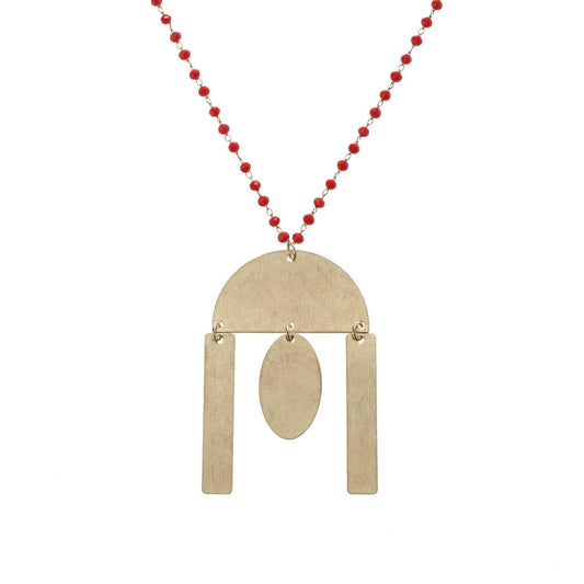 32" Delicate Red Linked Necklace with Gold Semi Circle with Multi Shape Dangles, 3" Ext