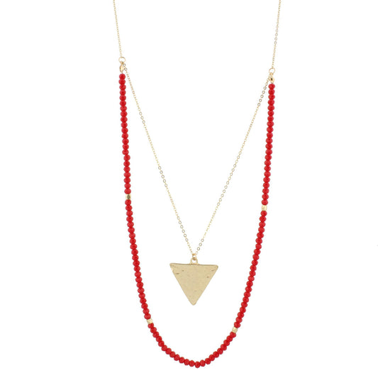 32" Red Beaded Double Layer Necklace with Gold Triangle, 3 Ext
