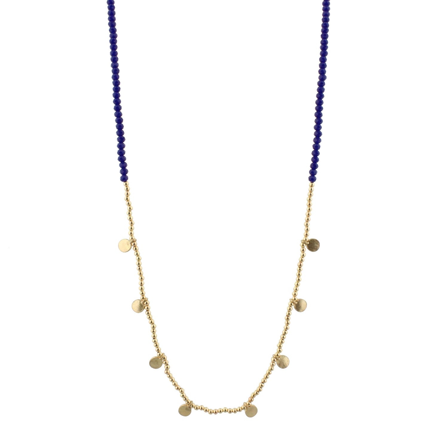 32" Royal Blue Beaded Necklace with Gold Bead and Gold Disks, 3" Ext