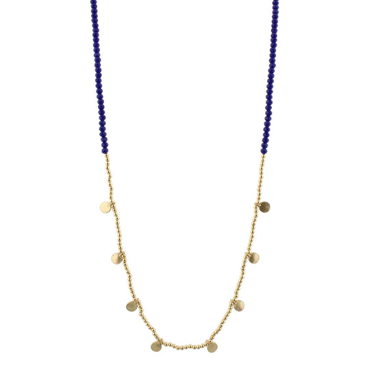 32" Royal Blue Beaded Necklace with Gold Bead and Gold Disks, 3" Ext