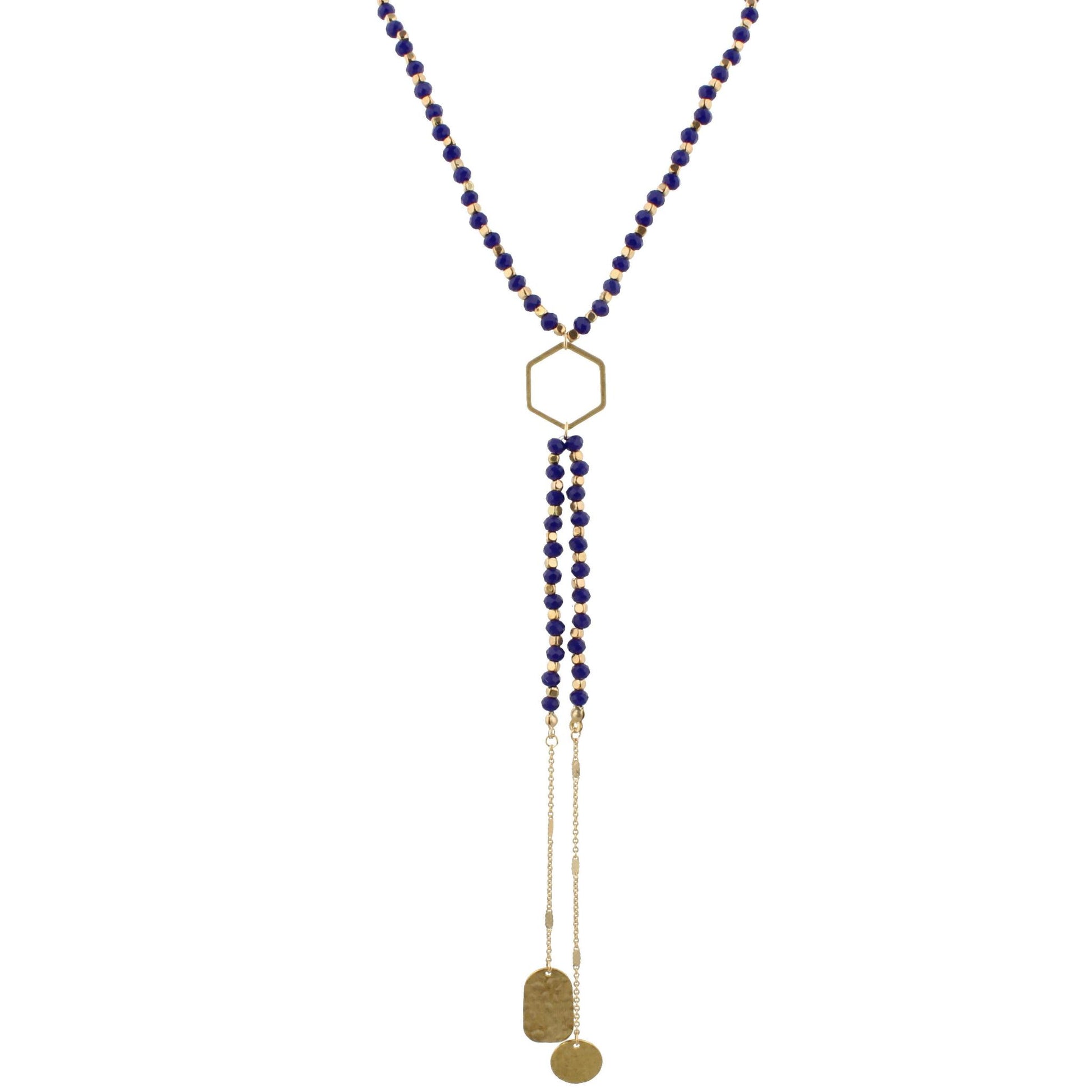 32" Royal Blue Beaded, Hexagon Y Necklace with Two Strand Dangles, 3" Ext