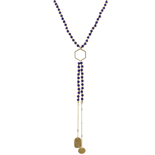 32" Royal Blue Beaded, Hexagon Y Necklace with Two Strand Dangles, 3" Ext