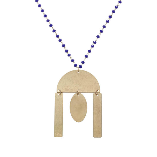 32" Delicate Royal Blue Linked Necklace with Gold Semi Circle with Multi Shape Dangles, 3" Ext