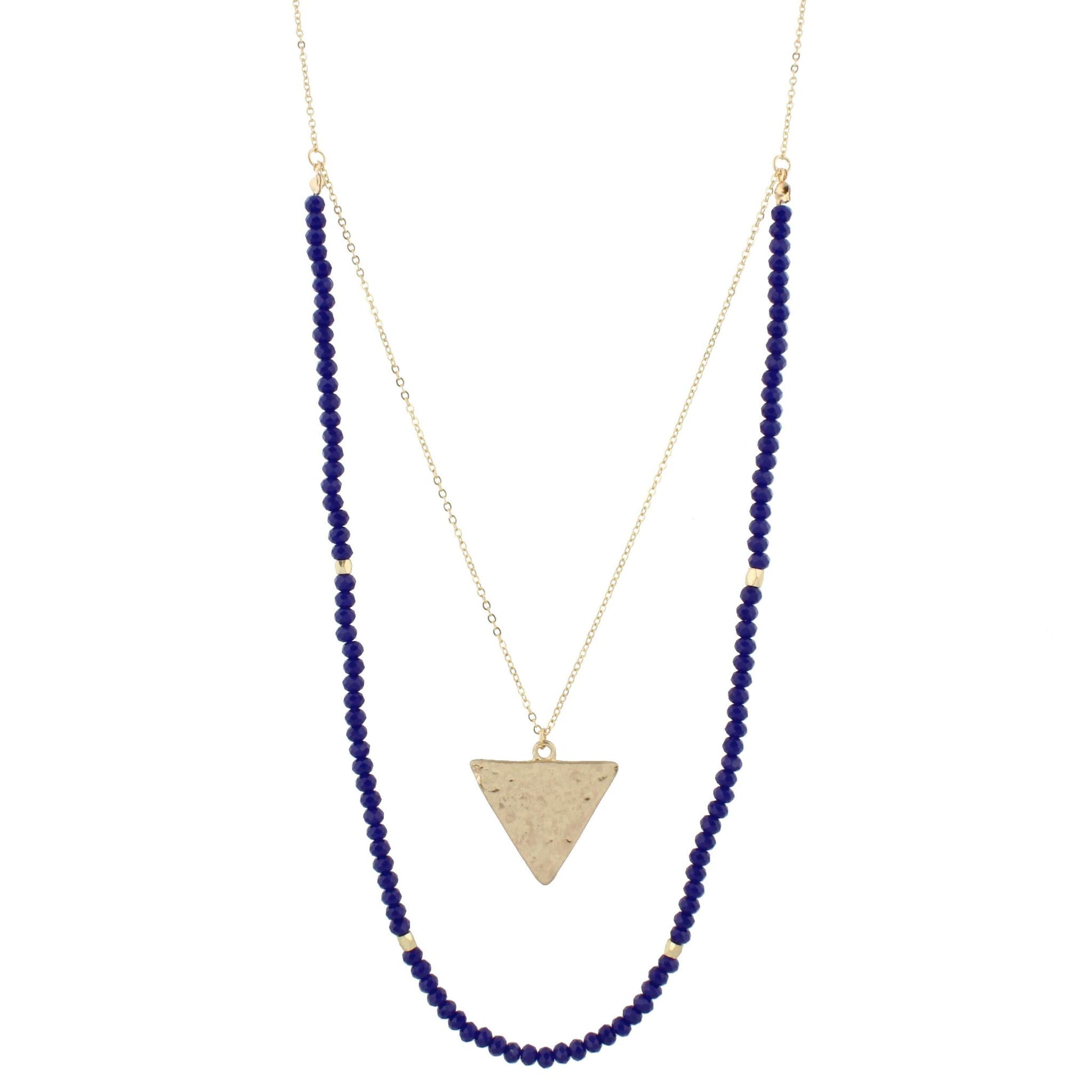 32" Royal Blue Beaded Double Layer Necklace with Gold Triangle, 3 Ext