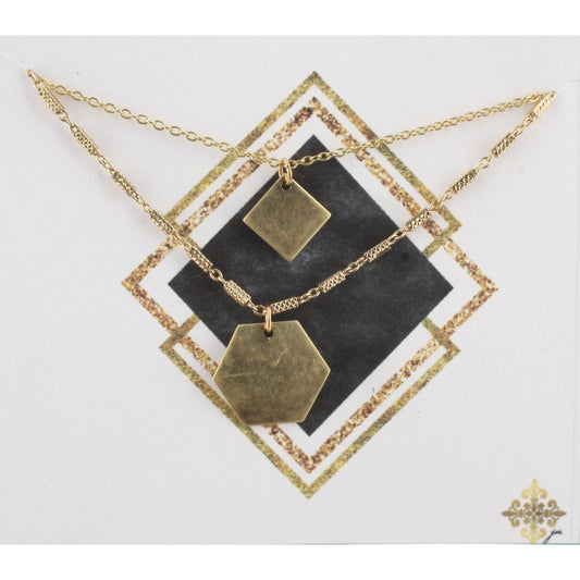 16" Gold Chain 2 Layer Necklace with Square and Hexagon, 3" Ext