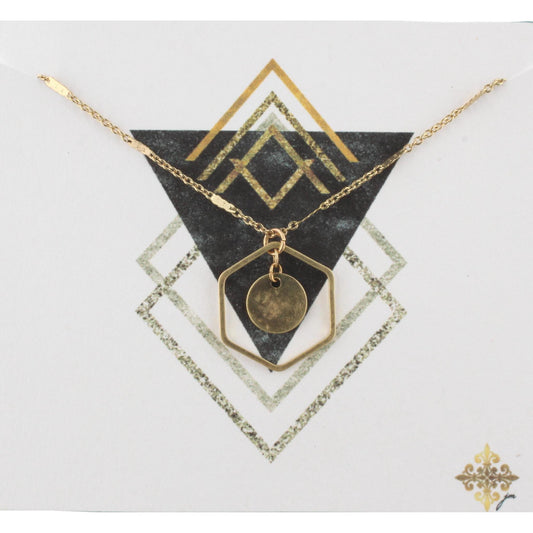 16" Gold Chain Necklace with Disk Inside Hexagon, 3" Ext