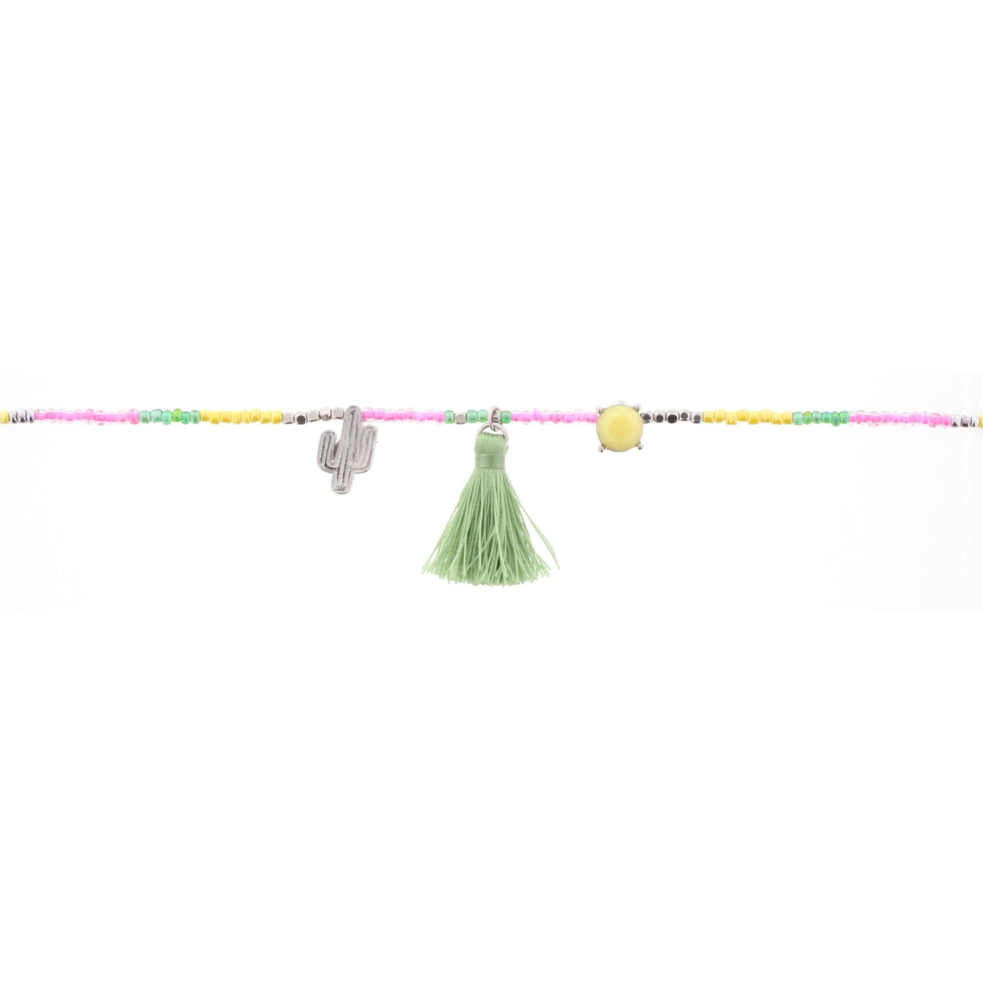 14" Kids Yellow, Green, Pink Beaded Body Necklace with Cactus and Tassel, 3" Ext