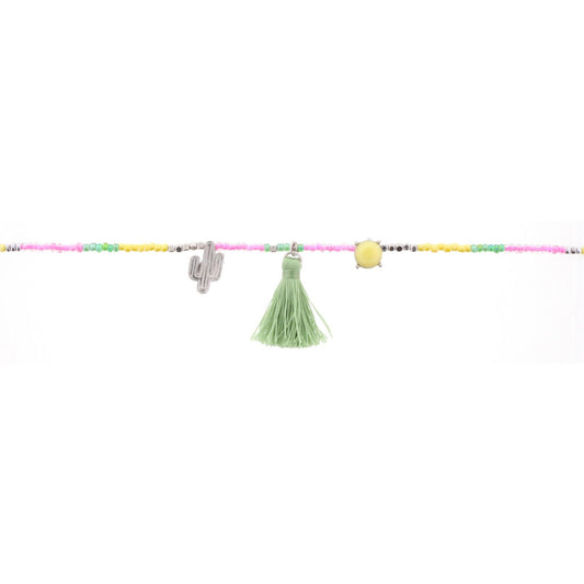 14" Kids Yellow, Green, Pink Beaded Body Necklace with Cactus and Tassel, 3" Ext