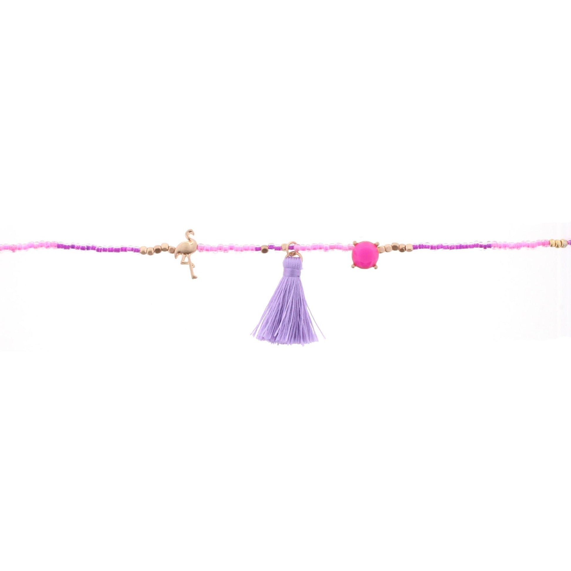 14" Kids Hot Pink, Purple Multi Beaded Body Necklace with Flamingo and Tassel, 3" Ext