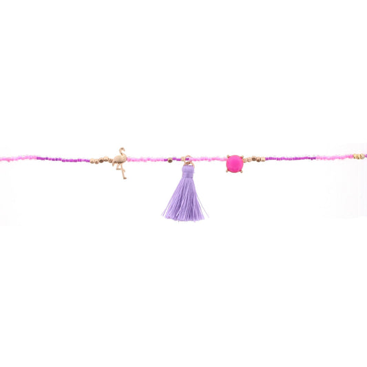14" Kids Hot Pink, Purple Multi Beaded Body Necklace with Flamingo and Tassel, 3" Ext
