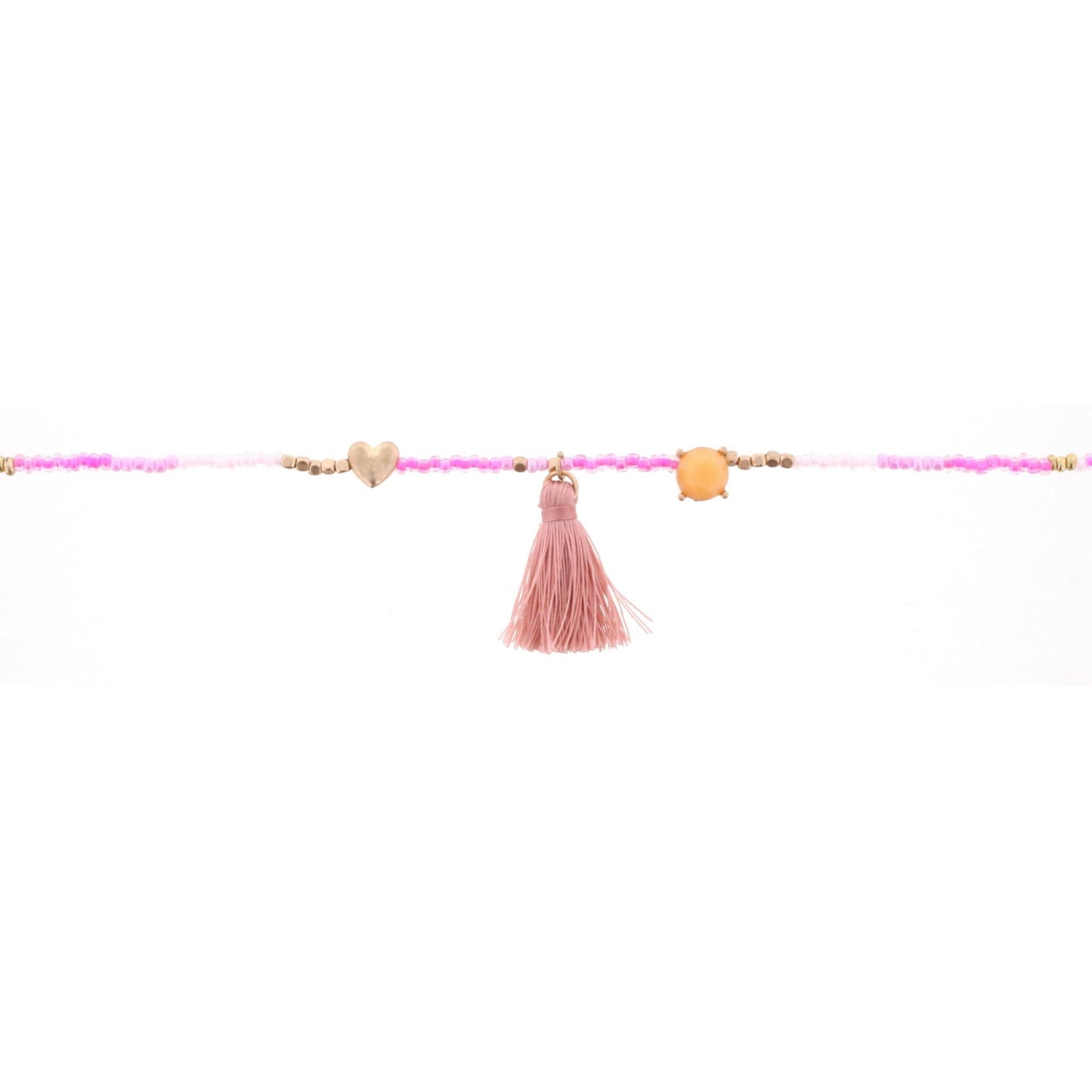 14" Kids Hot Pink, White Multi Beaded Body Necklace with Heart and Tassel, 3" Ext