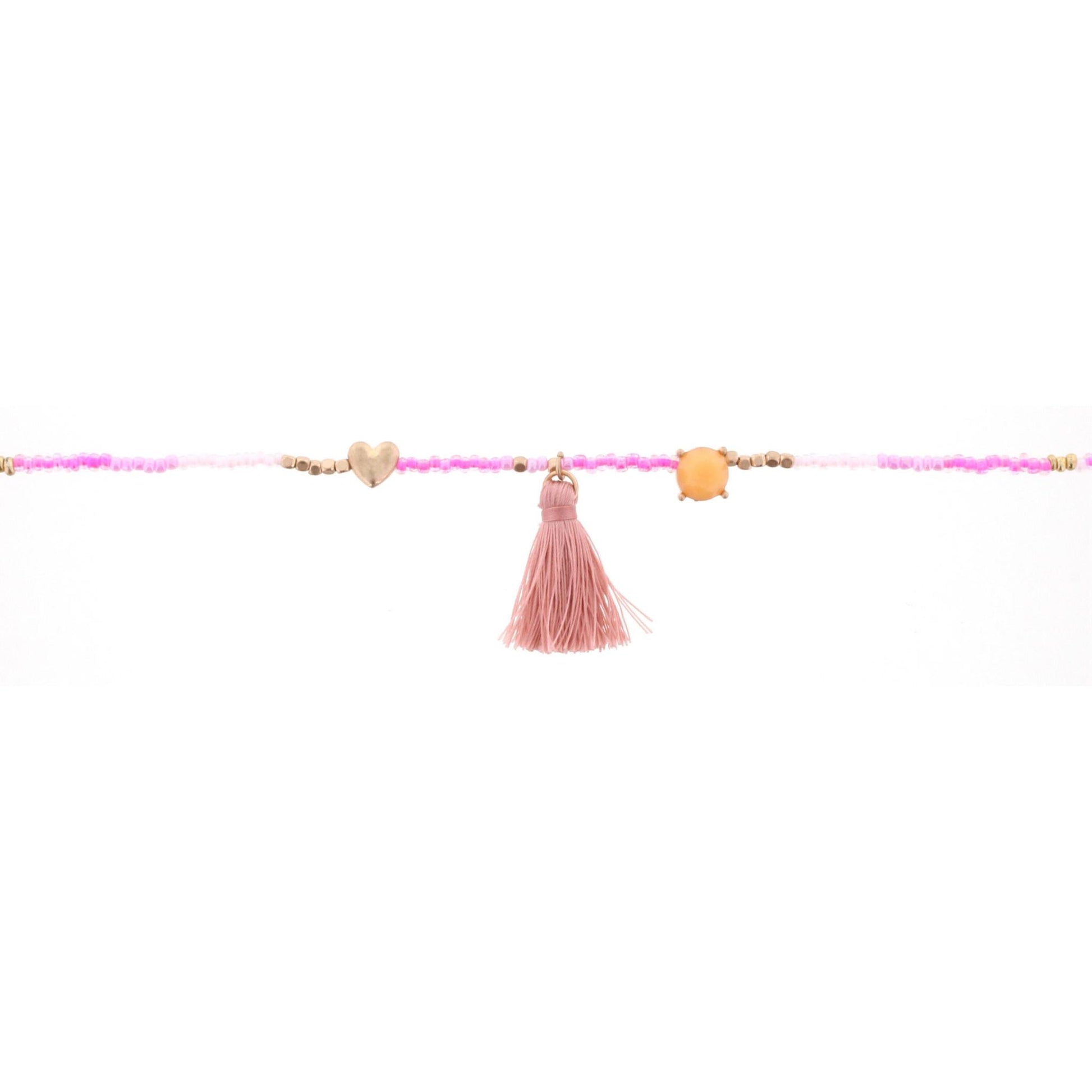 14" Kids Hot Pink, White Multi Beaded Body Necklace with Heart and Tassel, 3" Ext