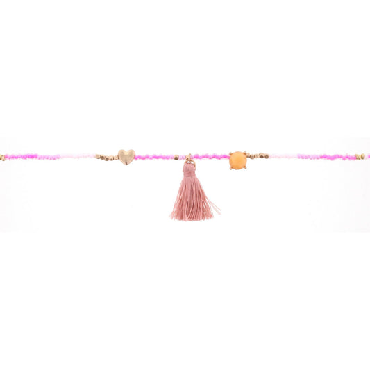 14" Kids Hot Pink, White Multi Beaded Body Necklace with Heart and Tassel, 3" Ext