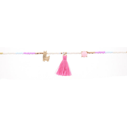 14" Kids Lavender, White, Muti Beaded Body Necklace with Llama and Tassel, 3" Ext
