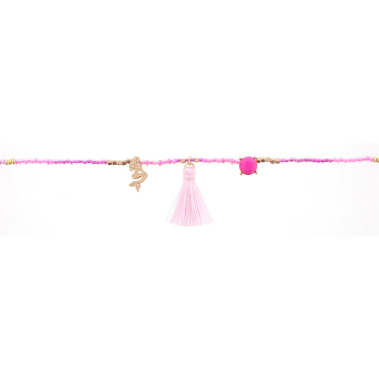 14" Kids Hot Pink, Dark Pink Beaded Body Necklace with Mermaid and Tassel, 3" Ext