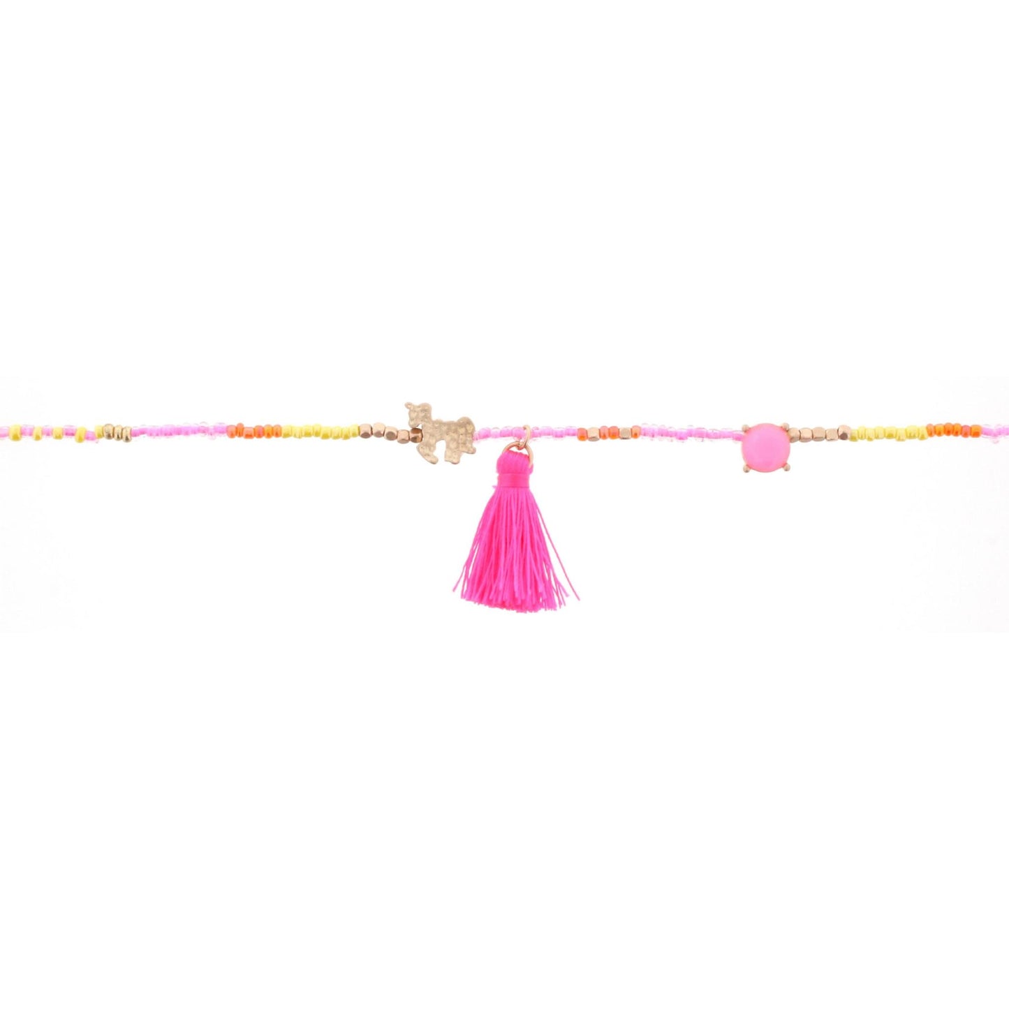 14" Kids Pink, Yellow, Orange Beaded Body Necklace with Unicorn and Tassel, 3" Ext