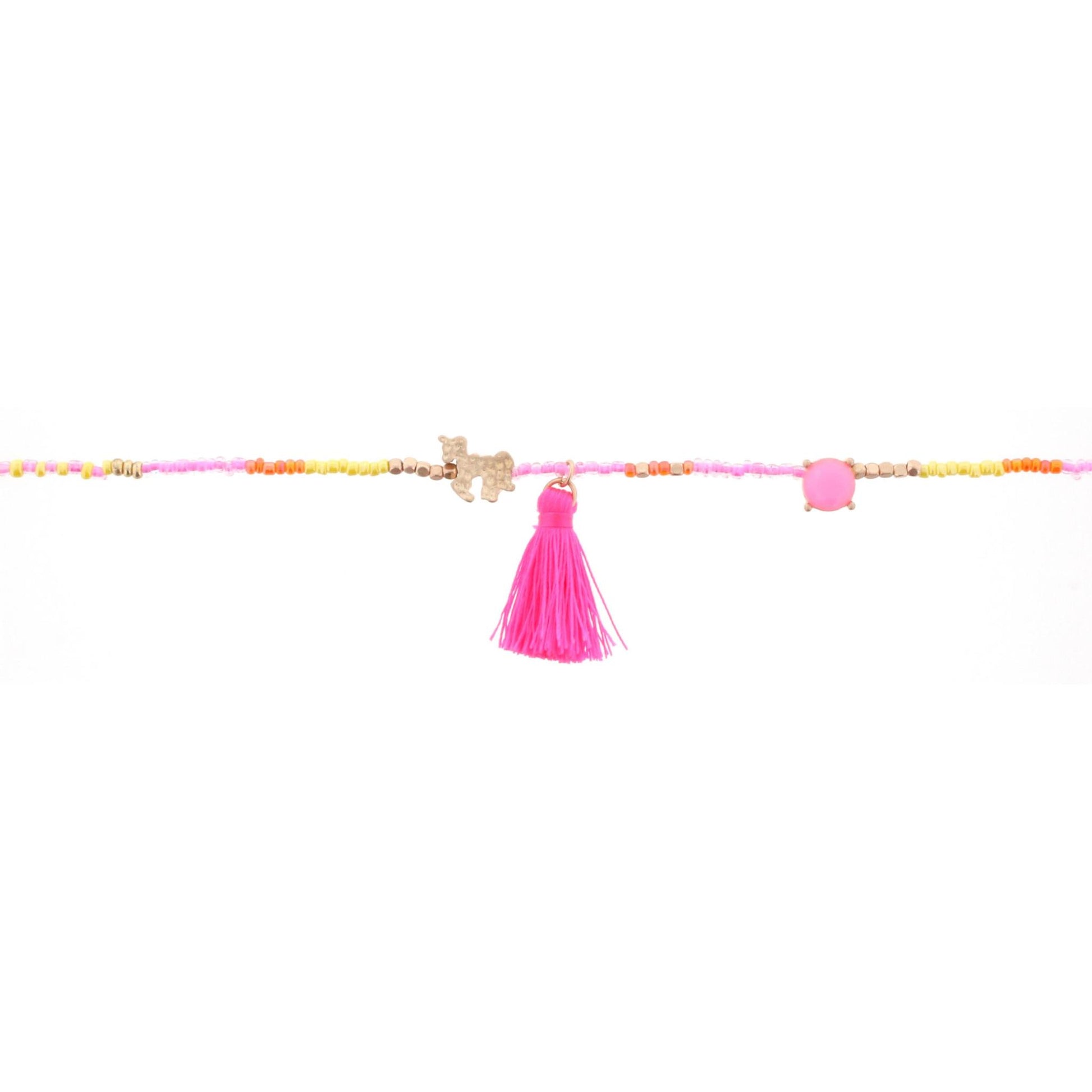 14" Kids Pink, Yellow, Orange Beaded Body Necklace with Unicorn and Tassel, 3" Ext