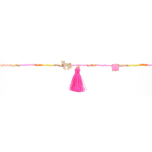 14" Kids Pink, Yellow, Orange Beaded Body Necklace with Unicorn and Tassel, 3" Ext