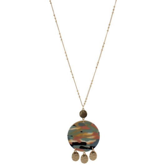 30" Gold Chain Necklace with Circle Retro Resin with Metal Disk Fringe, #" Ext