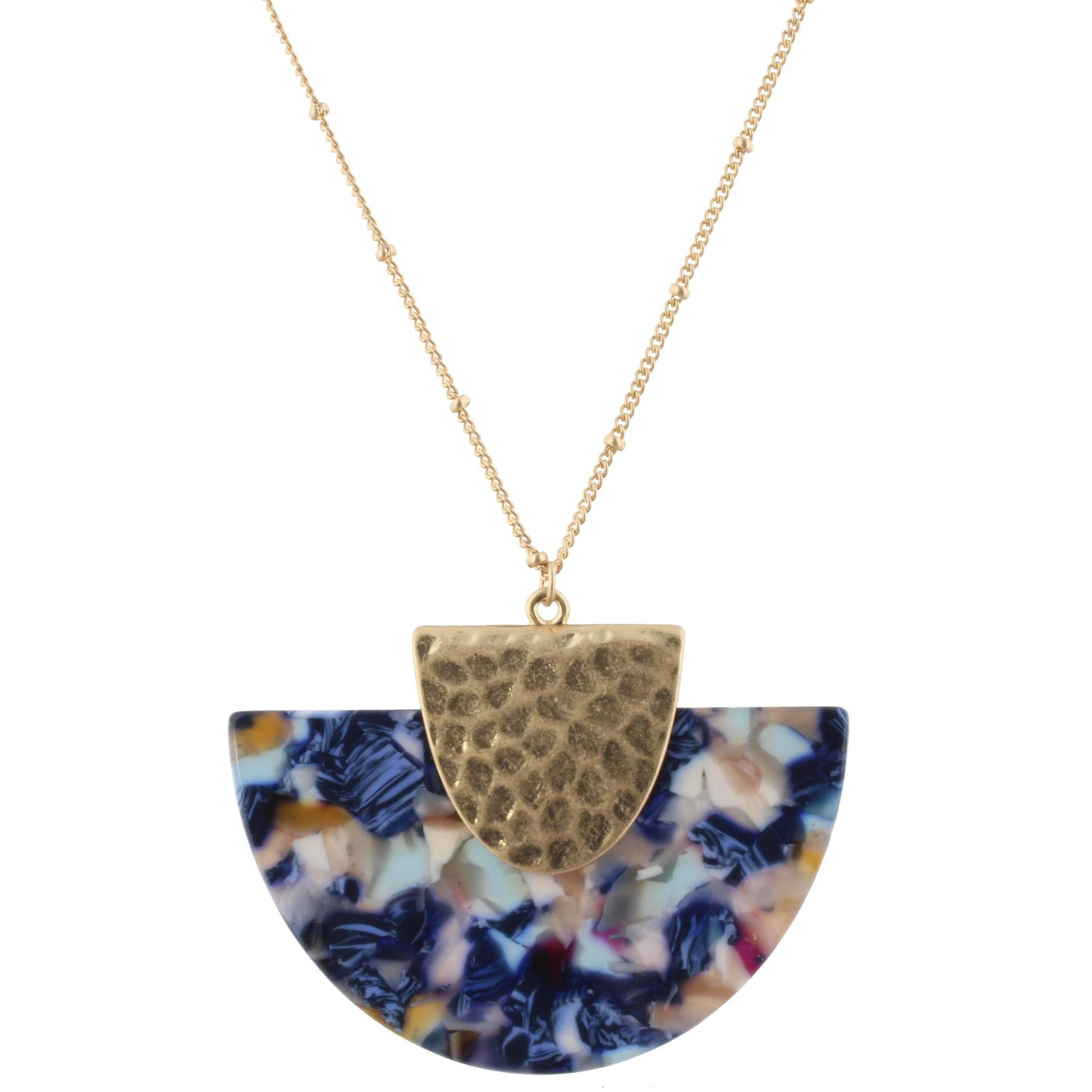 32" Gold Chain Necklace with Blue Multi Resin Fan, 3" Ext