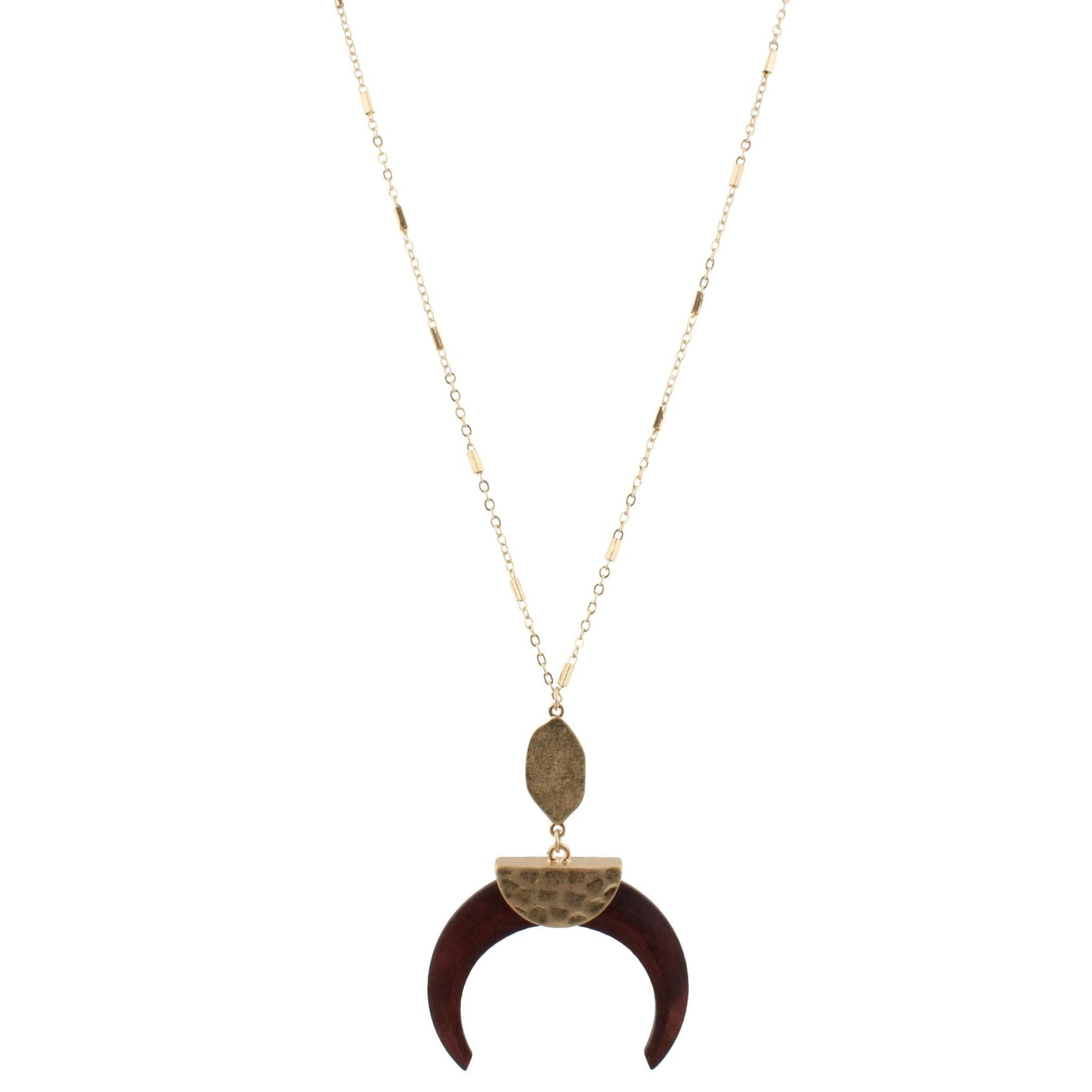 32" Gold Chain Necklace with Brown Wooden Crescent, 3" Ext