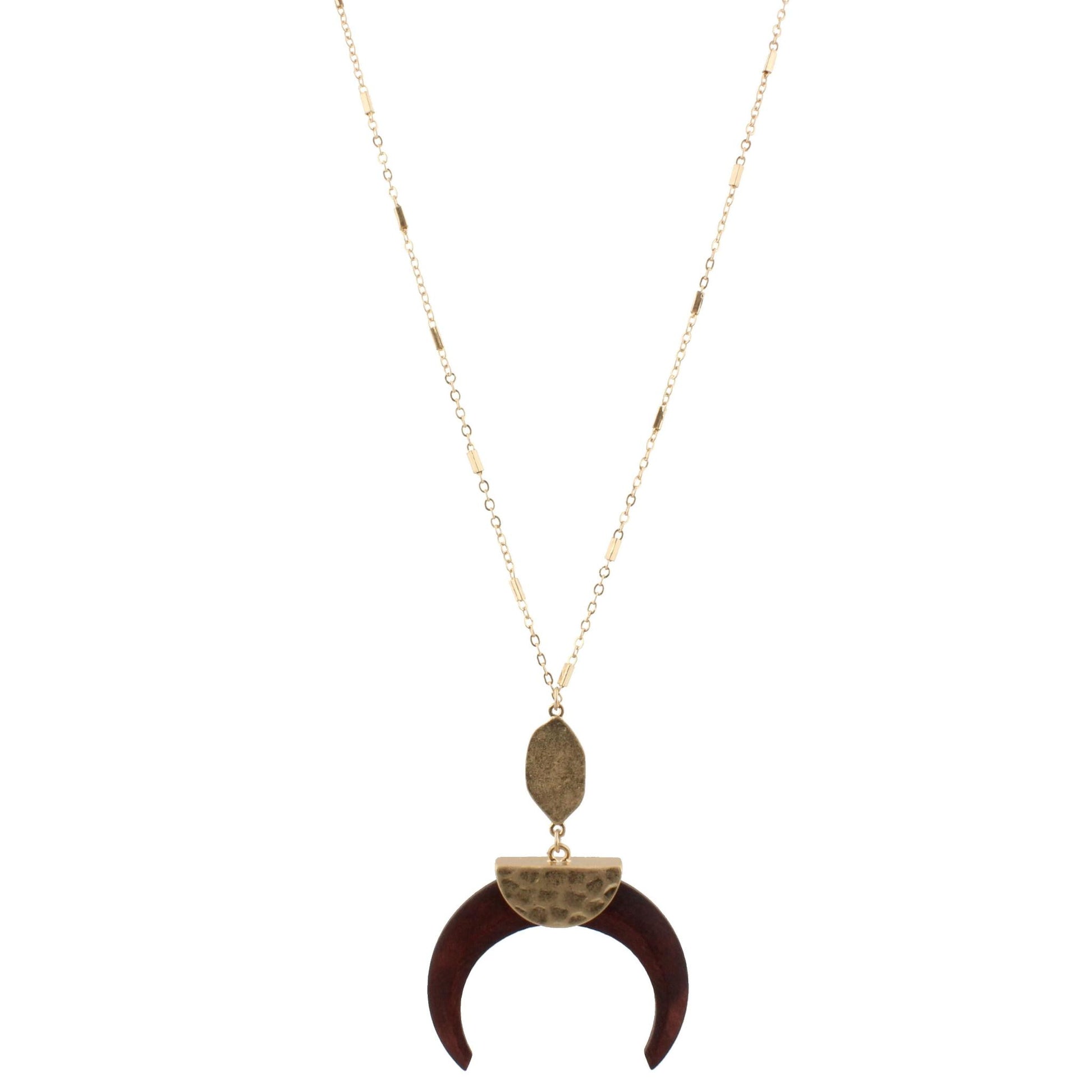 32" Gold Chain Necklace with Brown Wooden Crescent, 3" Ext