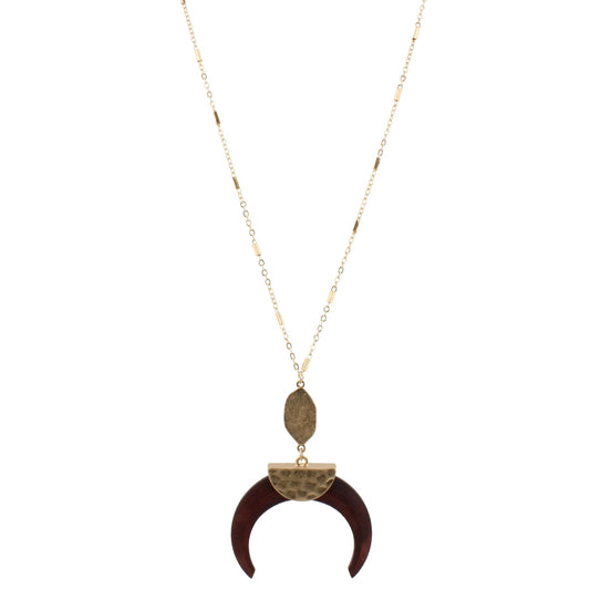 32" Gold Chain Necklace with Brown Wooden Crescent, 3" Ext
