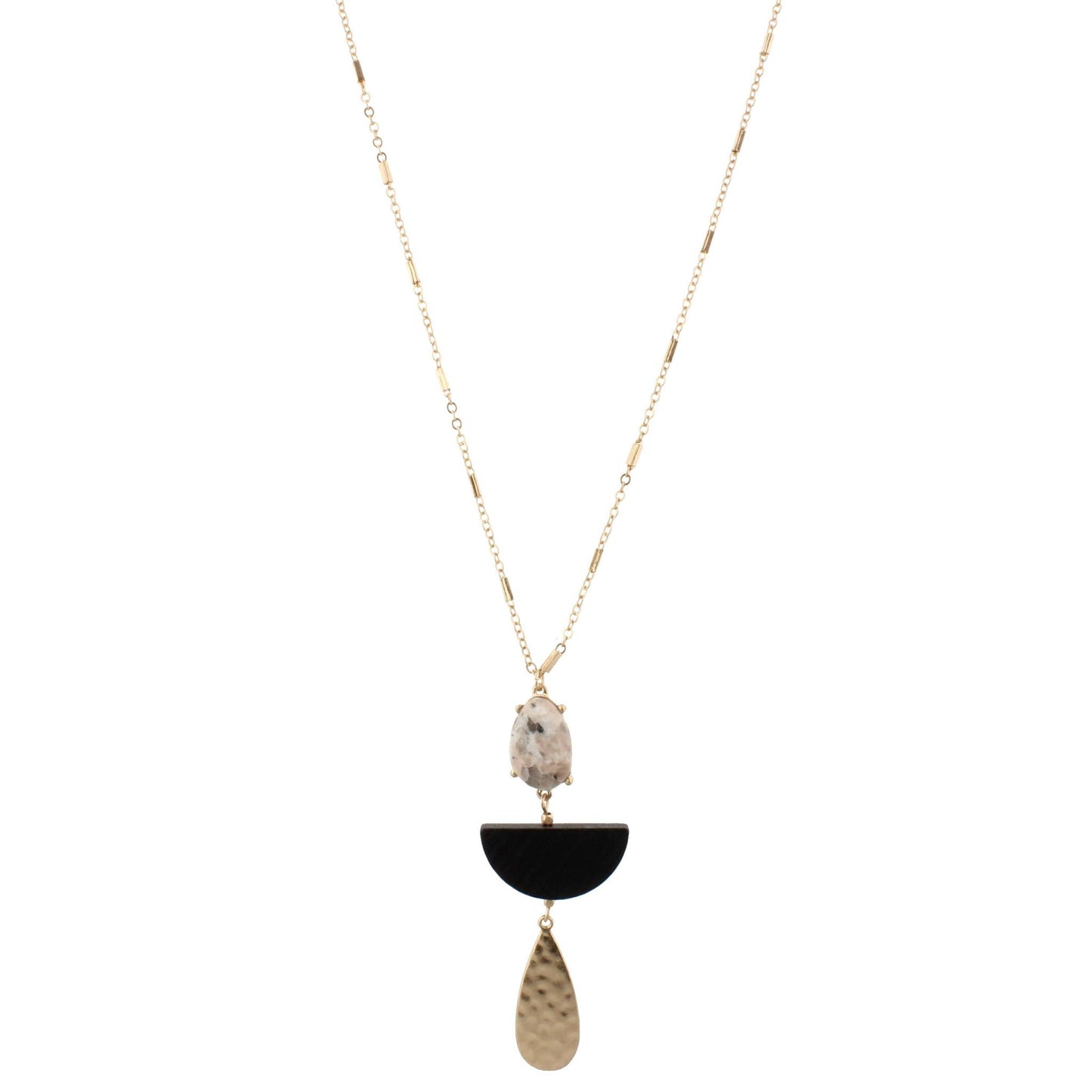 32" Gold Chain Necklace with Ocean Jasper Stone, Black Wooden Half Circle, Gold Teardrop, 3" Ext