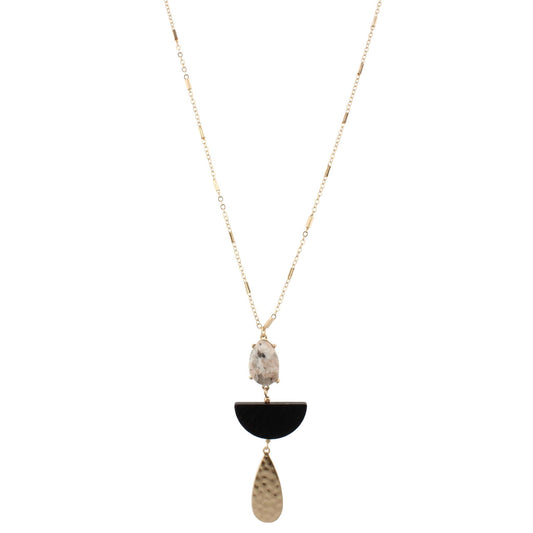 32" Gold Chain Necklace with Ocean Jasper Stone, Black Wooden Half Circle, Gold Teardrop, 3" Ext