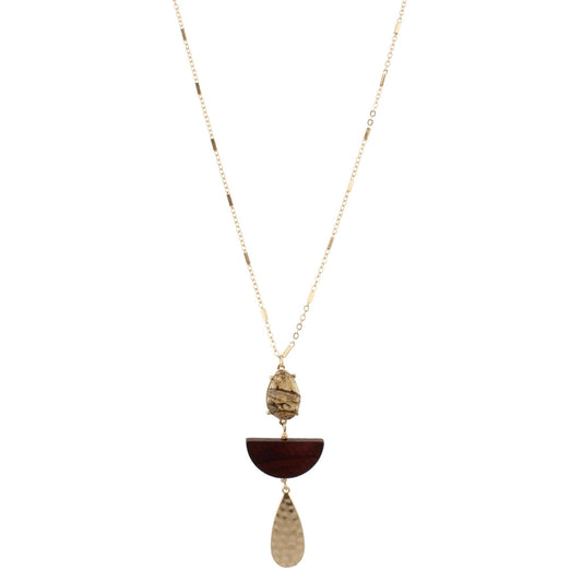 32" Gold Chain Necklace with Picture Jasper Stone, Dark Wooden Half Circle, Gold Teardrop, 3" Ext