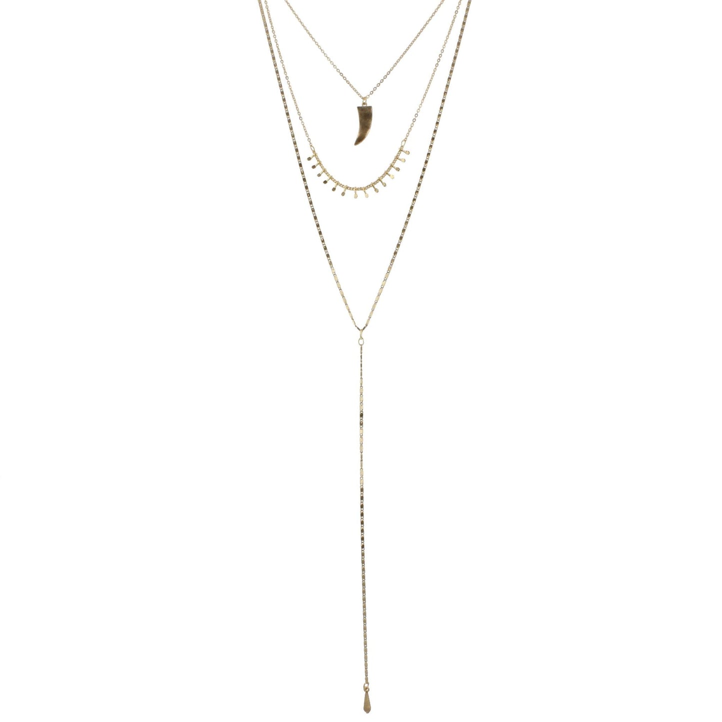 3 Layer Y Necklace with Horn and Fringe, 3" Ext