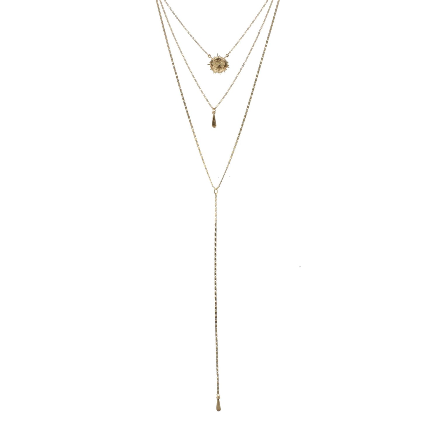 3 Layer Y Necklace with Burst and Teardrop, 3" Ext
