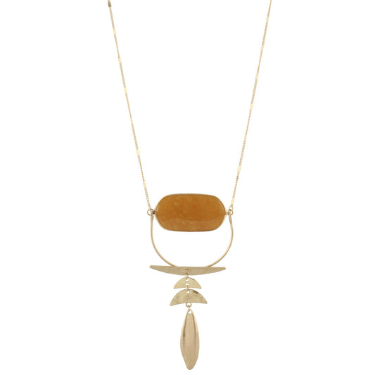 32" Chain Necklace with Orange Brown Stone with Gold Pendants, 3" Ext