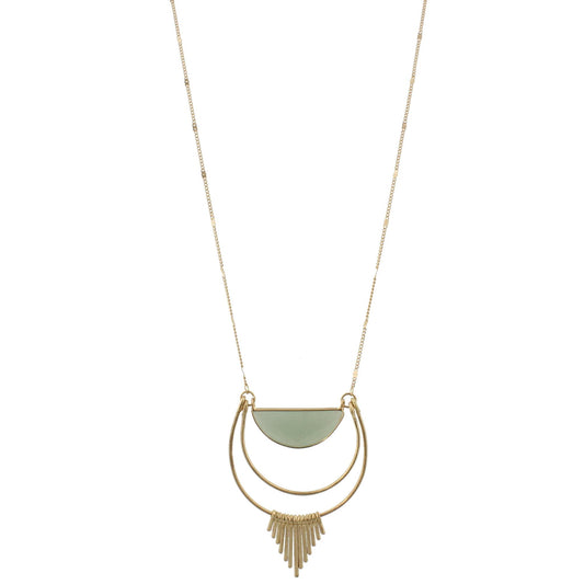 32" Chain Necklace with Amazonite Half Circle with Gold Fringe Detail, 3" Ext