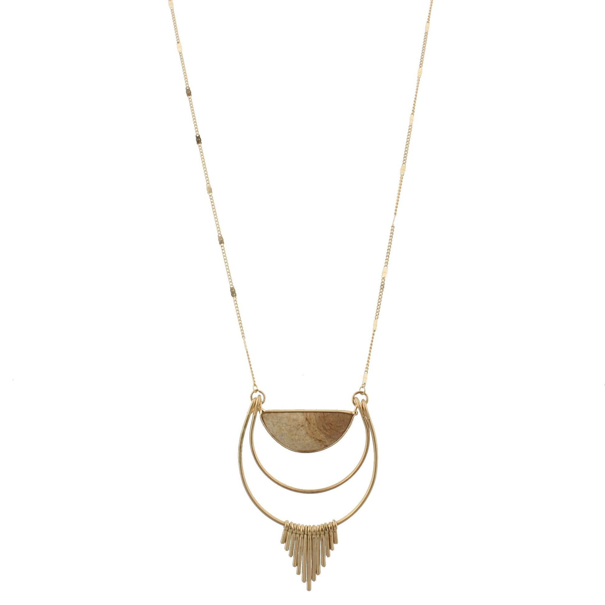 32" Chain Necklace with Picture Jasper Half Circle with Gold Fringe Detail, 3" Ext