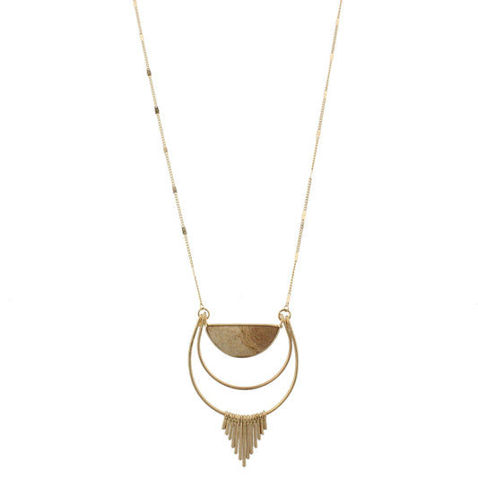 32" Chain Necklace with Picture Jasper Half Circle with Gold Fringe Detail, 3" Ext