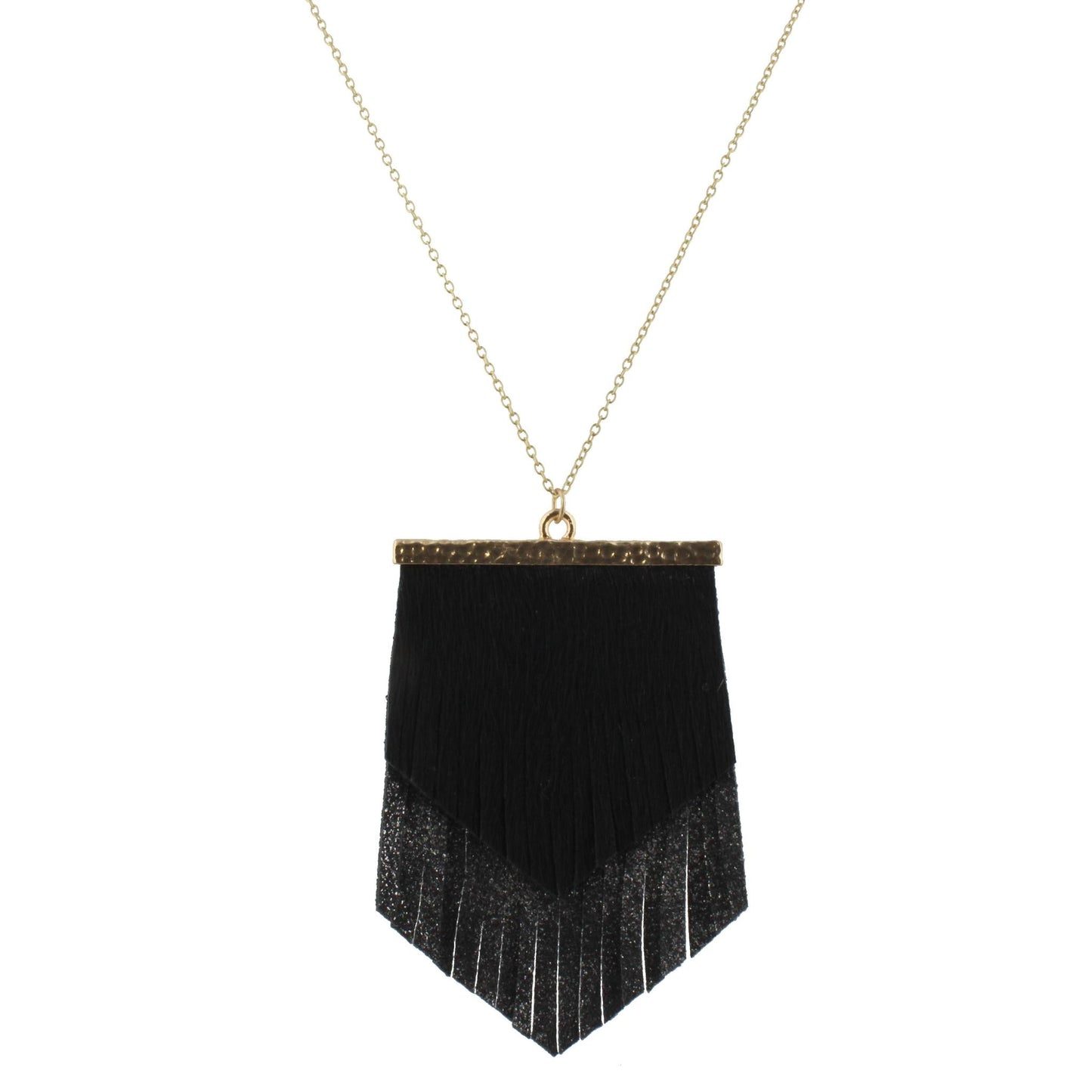 30" Chain Necklace with 2 Layer Fringe Shield, Jet and Dark Grey Silver Fleck, 3" Ext