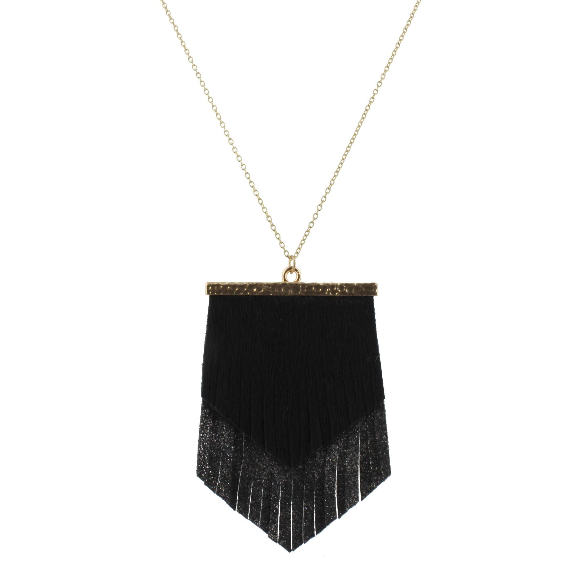 30" Chain Necklace with 2 Layer Fringe Shield, Jet and Dark Grey Silver Fleck, 3" Ext