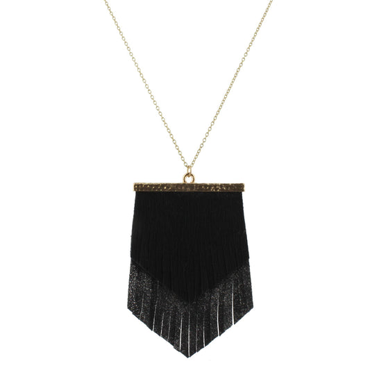 30" Chain Necklace with 2 Layer Fringe Shield, Jet and Dark Grey Silver Fleck, 3" Ext