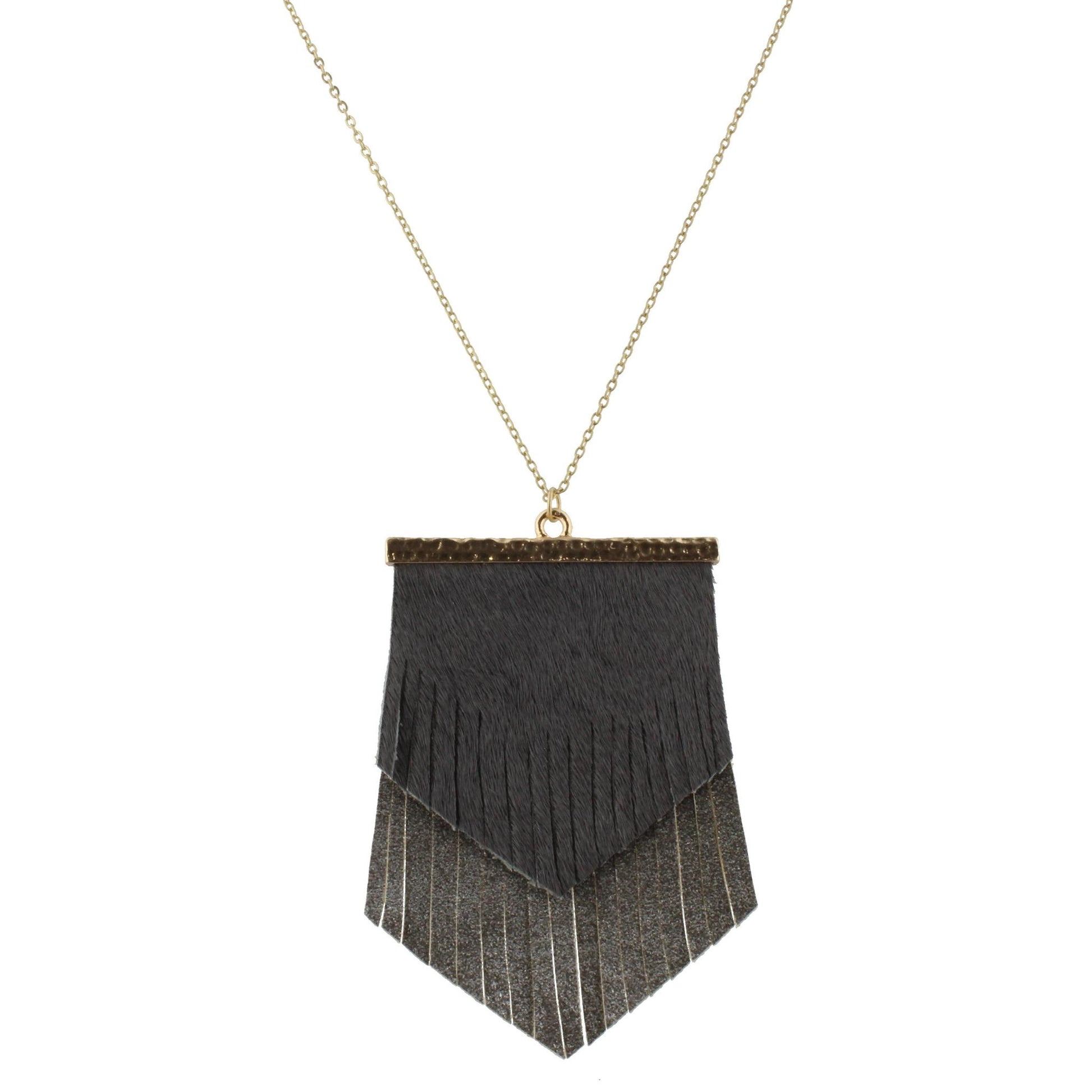 30" Chain Necklace with 2 Layer Fringe Shield, Grey Hide and Grey Silver Fleck, 3" Ext