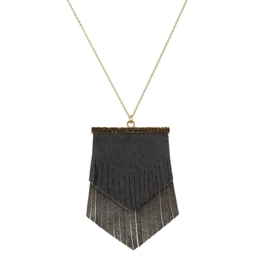 30" Chain Necklace with 2 Layer Fringe Shield, Grey Hide and Grey Silver Fleck, 3" Ext