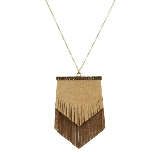 30" Chain Necklace with 2 Layer Fringe Shield, Tan Hide and Tan Gold Fleck, 3" Ext