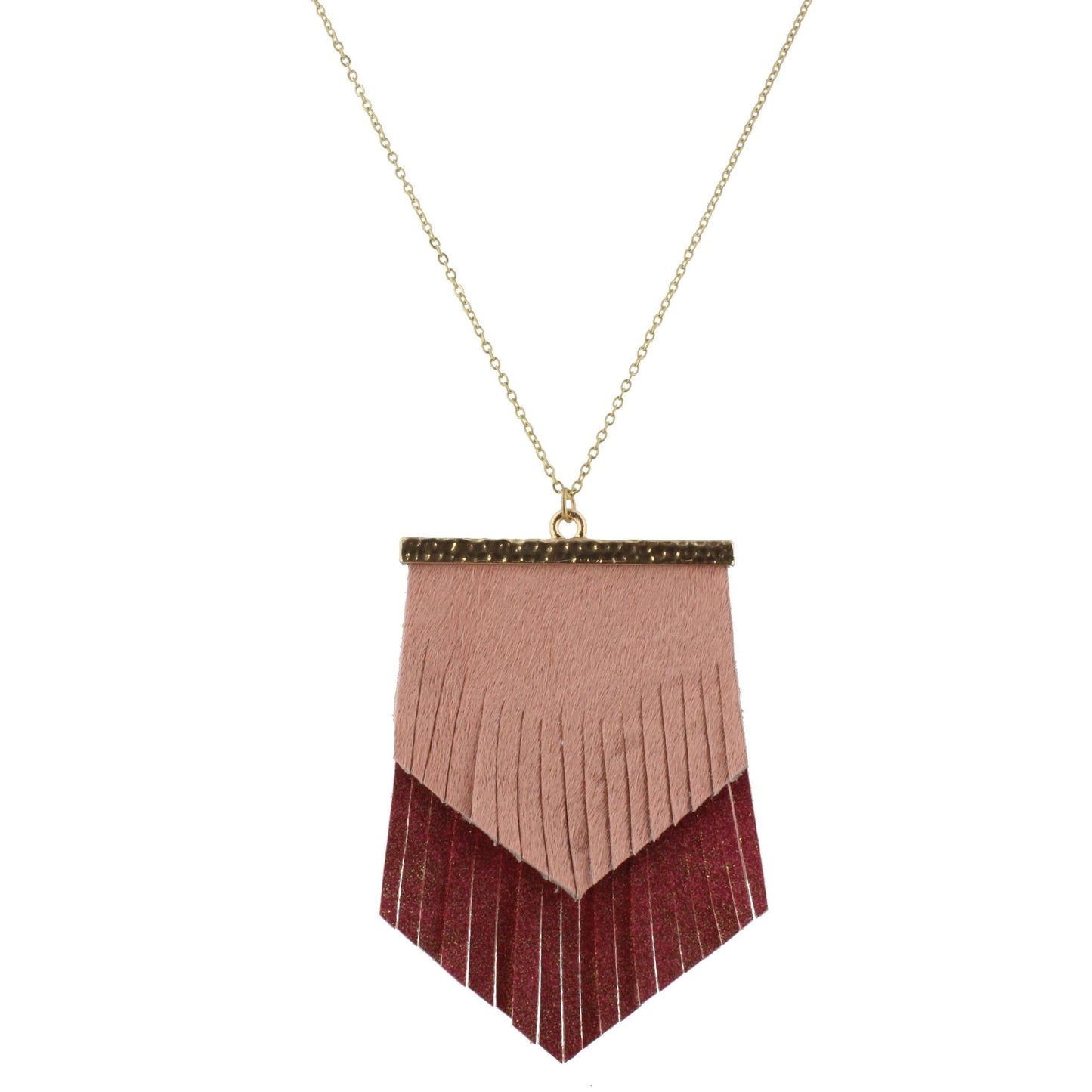 30" Chain Necklace with 2 Layer Fringe Shield, Pink Hide and Dark Pink Gold Fleck, 3" Ext