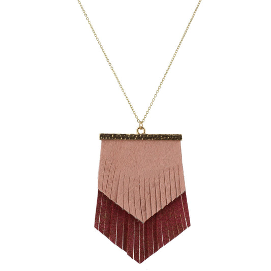 30" Chain Necklace with 2 Layer Fringe Shield, Pink Hide and Dark Pink Gold Fleck, 3" Ext