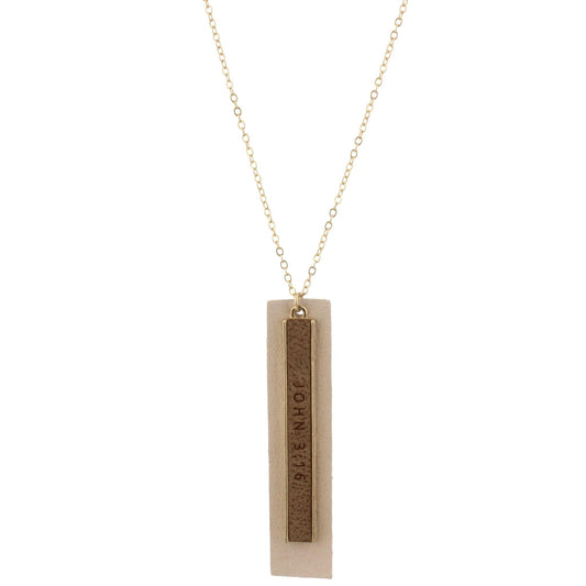 18" Chain Necklace with Leather 2-Tone Cream Layered "John 3:16" Rectangle, 3" Ext